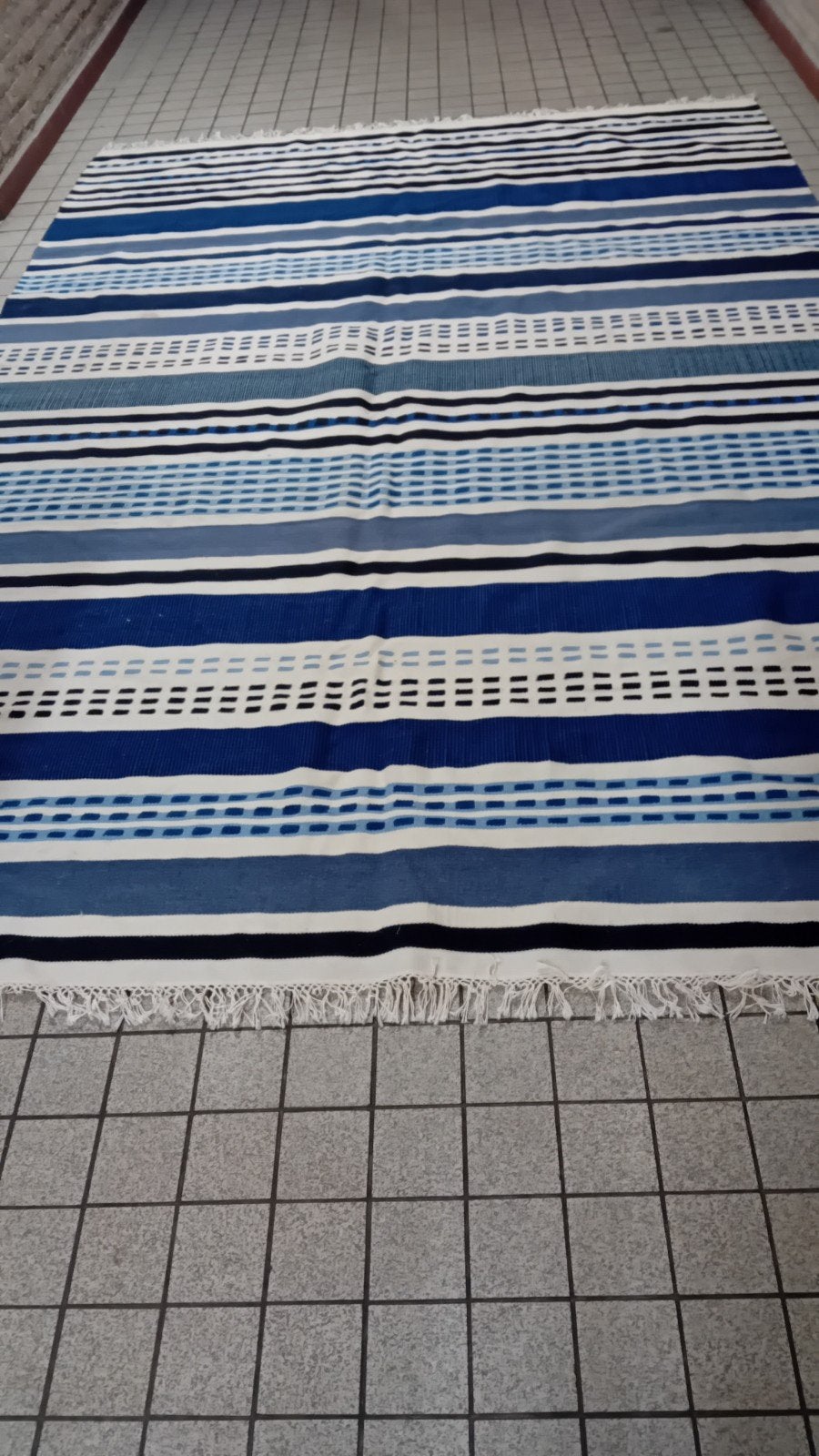 Vloerkleed gebruikt groot 200 x 300 blauw gestreept, Gebruikt, Blauw, 200 cm of meer, Ophalen of Verzenden