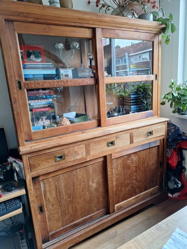 Teak houten / Buffet / vitrine / servies kast met lades, Gebruikt, Met deur(en), 200 cm of meer, Glas