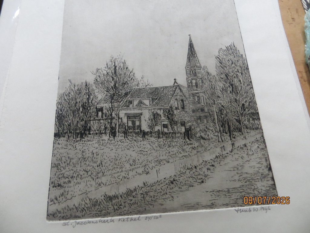 Goed uitziende losse ets v/d St. Jacobskerk te kethel HWBIJL, Antiek en Kunst, Kunst | Etsen en Gravures, Ophalen, Landschap, Ets