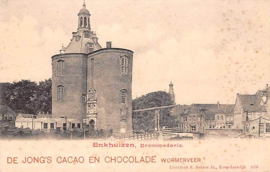 Enkhuizen Drommedaris Reclame De Jong Cacao Wormerveer, Verzamelen, Ophalen of Verzenden, Voor 1920, Ongelopen, Noord-Holland