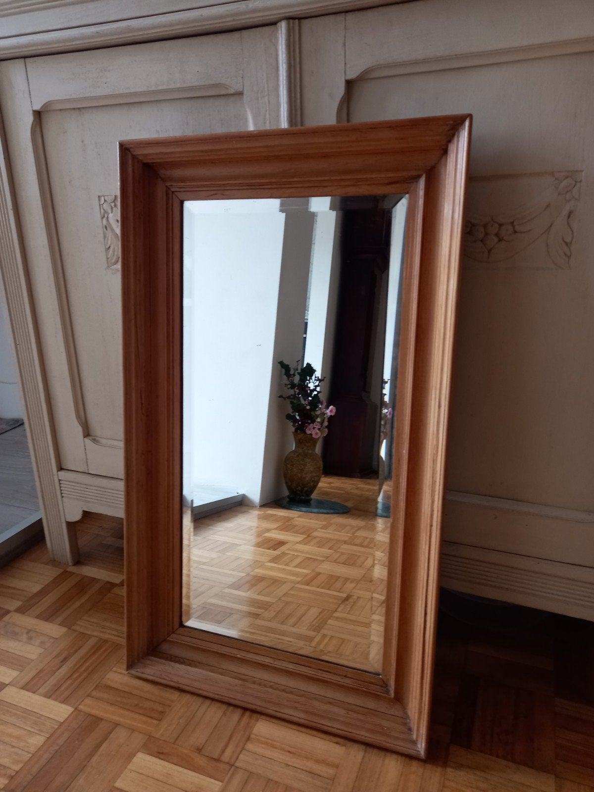 Antieke grenen spiegel met facet geslepen glas, Antiek en Kunst, Ophalen of Verzenden, Rechthoekig, Minder dan 50 cm, Minder dan 100 cm