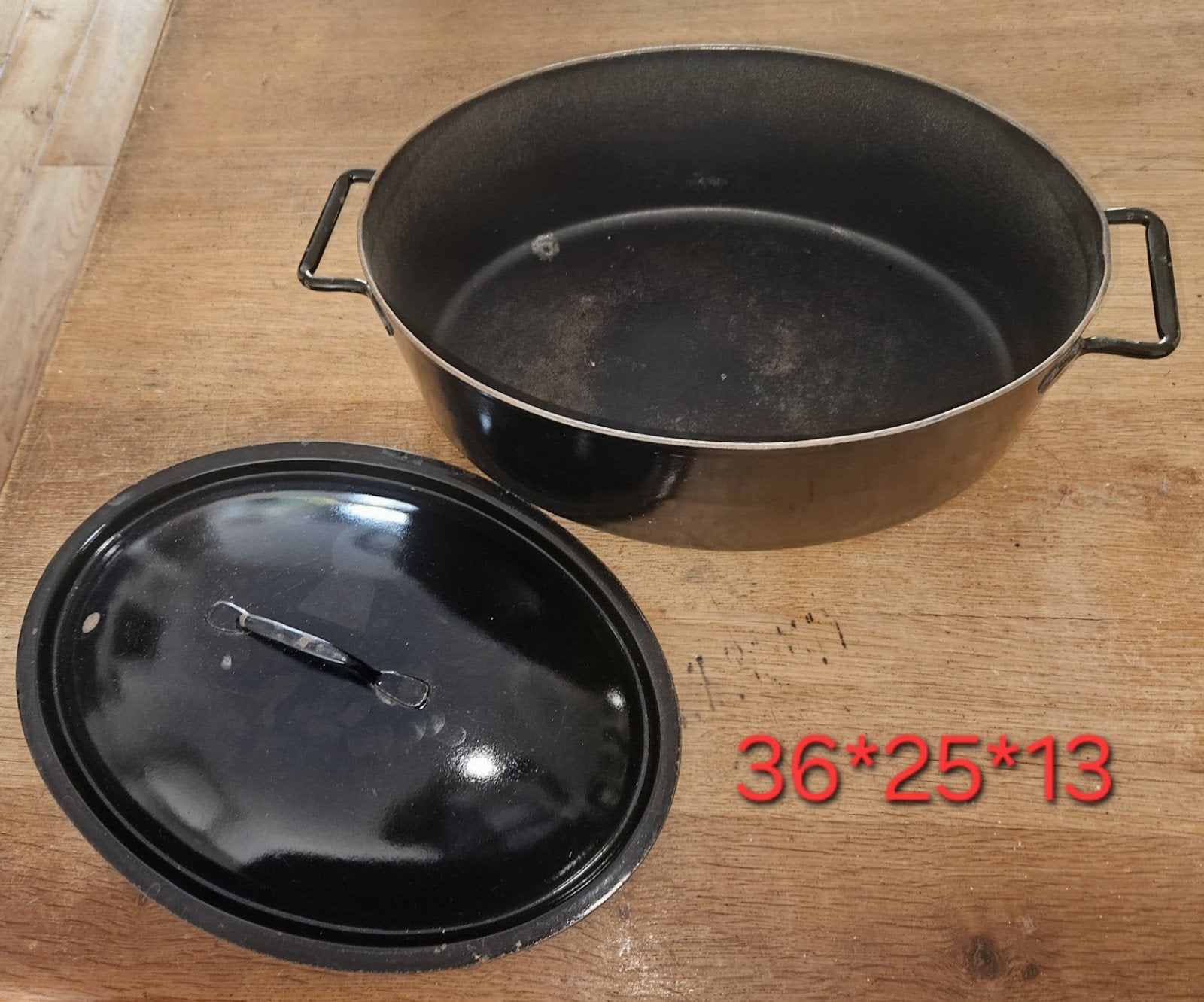 Zwarte ijzeren braadpan met deksel (36x25x13 cm), Gebruikt, Braadpan, Ophalen of Verzenden, Met deksel