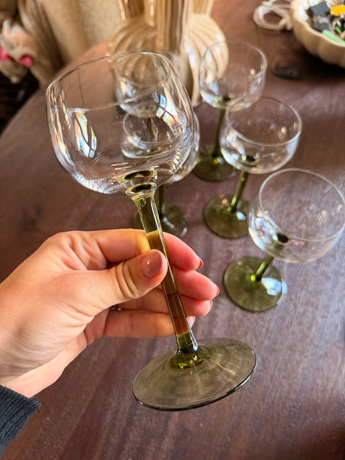 Set van 6 vintage Luminarc Elzas wijnglazen groene steel, Ophalen of Verzenden