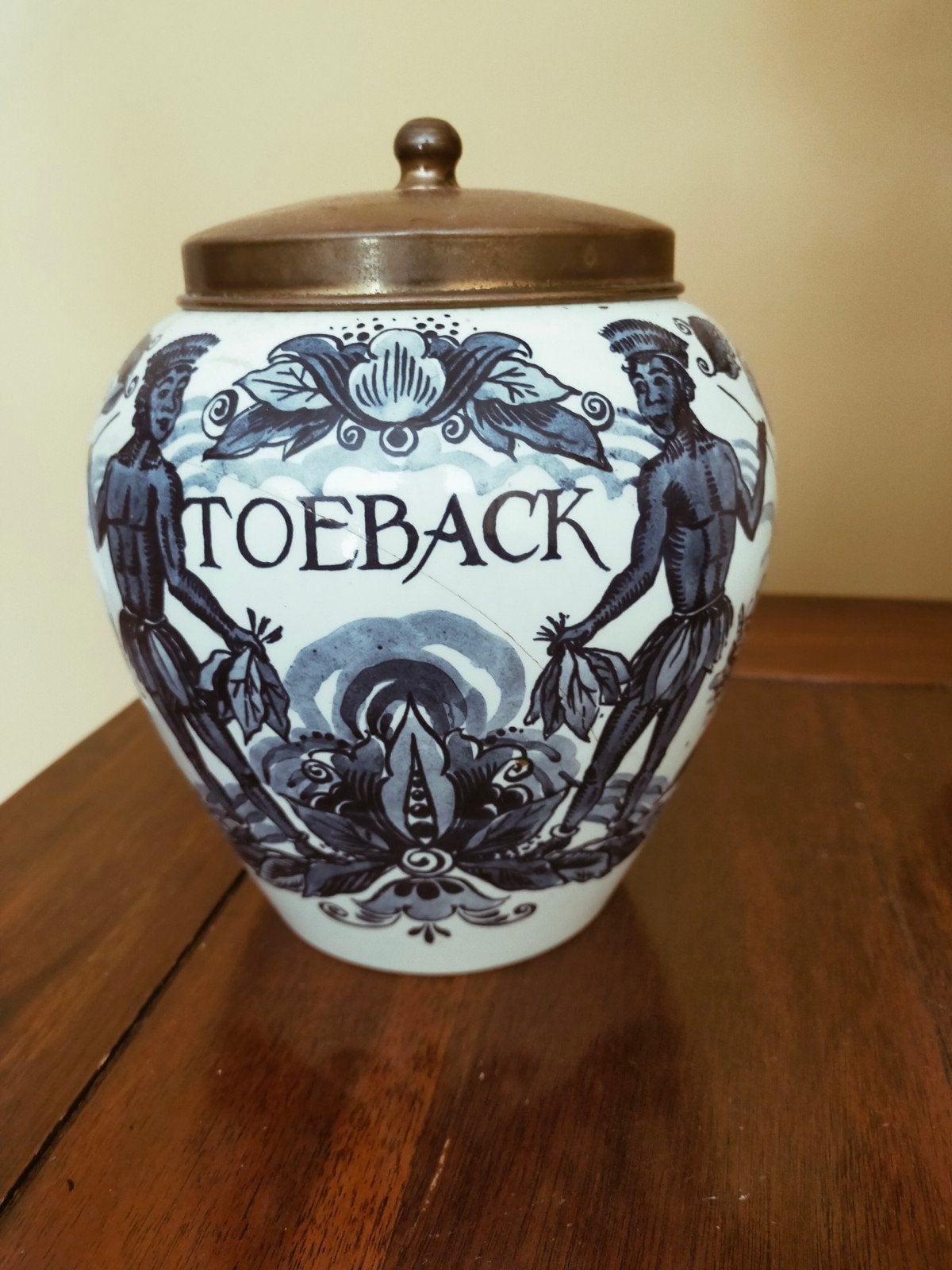 Antieke Delfts Blauwe Tabakspot met Koperen Deksel, Antiek en Kunst, Antiek | Keramiek en Aardewerk, Ophalen of Verzenden