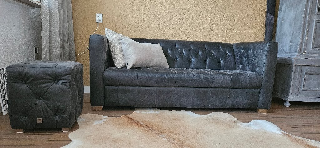 Chesterfield bank Riviera Maison, antraciet leer, Ophalen, Gebruikt, 150 tot 200 cm, Driepersoons