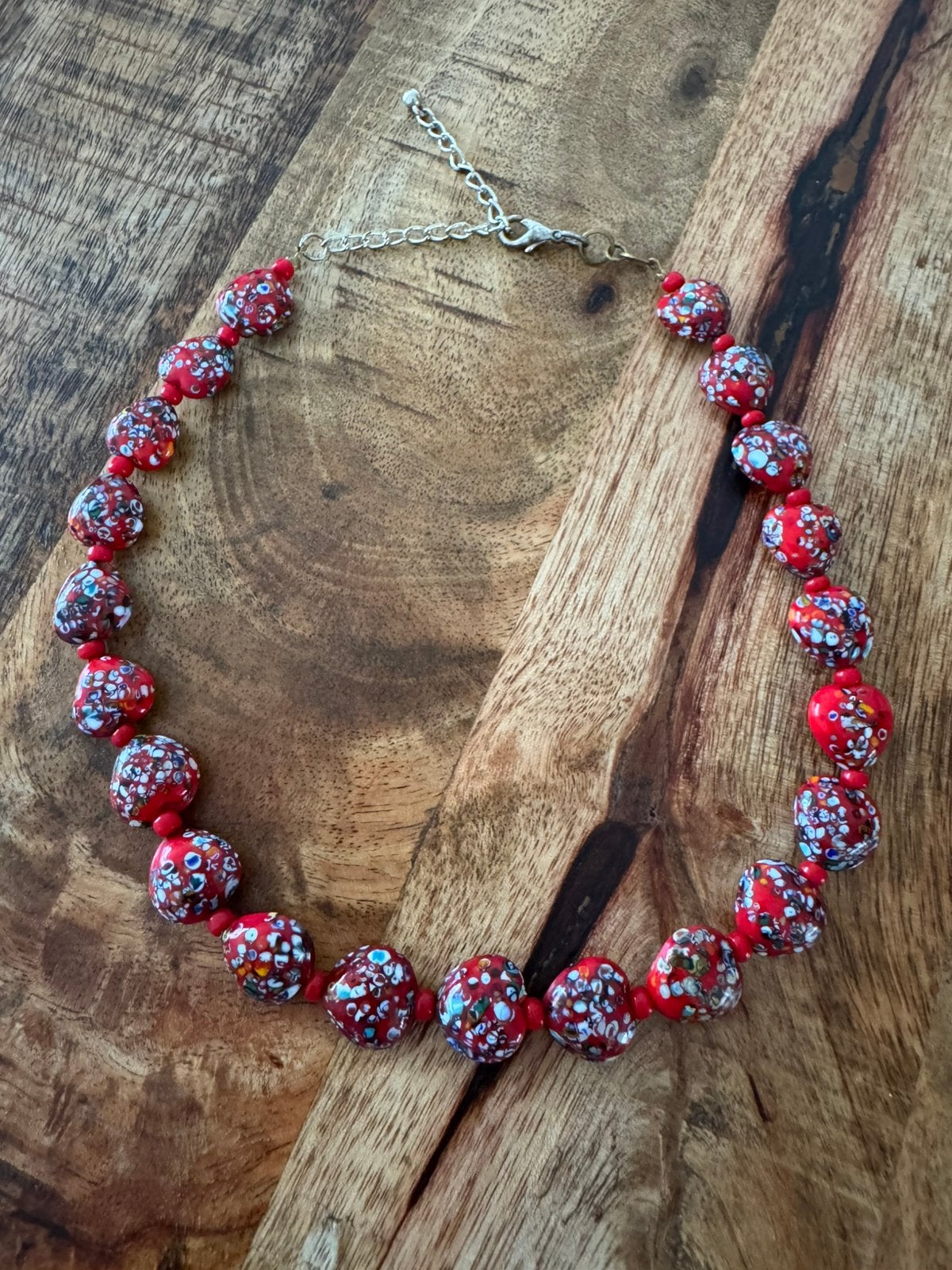 Vintage murano glas millefiori rood hartjes ketting, Ophalen of Verzenden, Zo goed als nieuw, Rood, Overige materialen