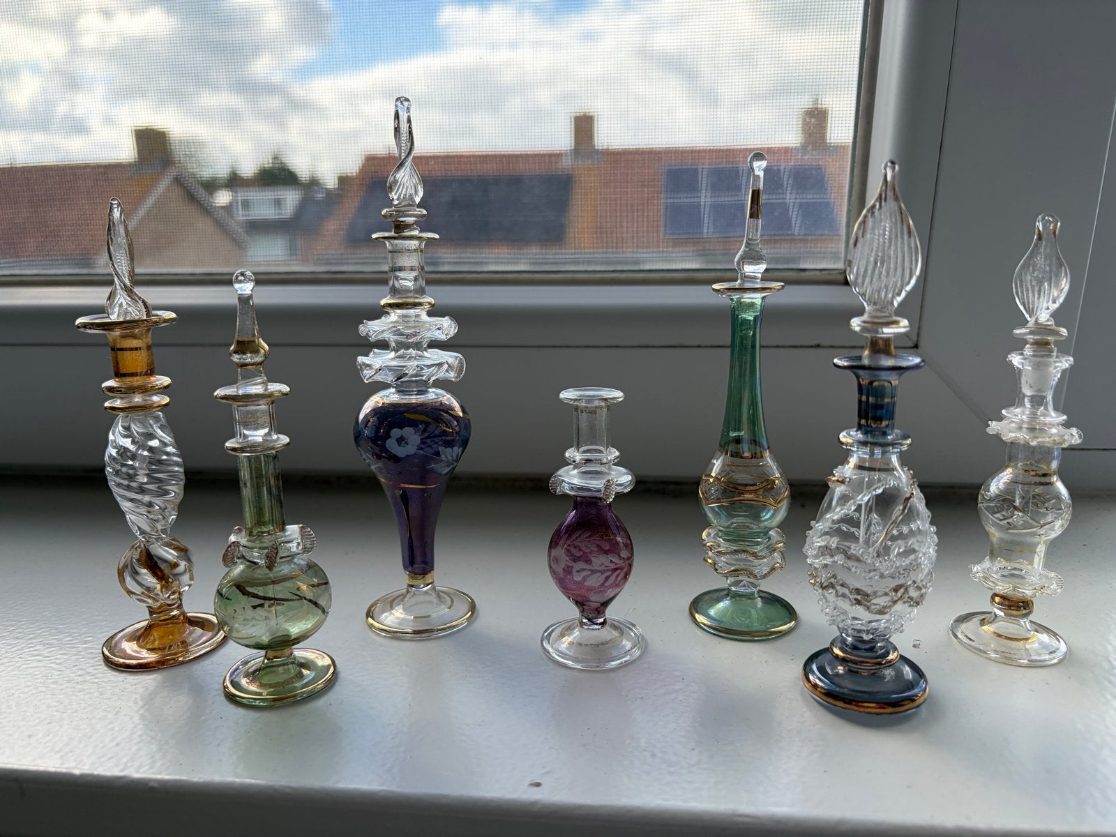 Set van 8 decoratieve glazen parfumflesjes, Antiek en Kunst, Ophalen of Verzenden
