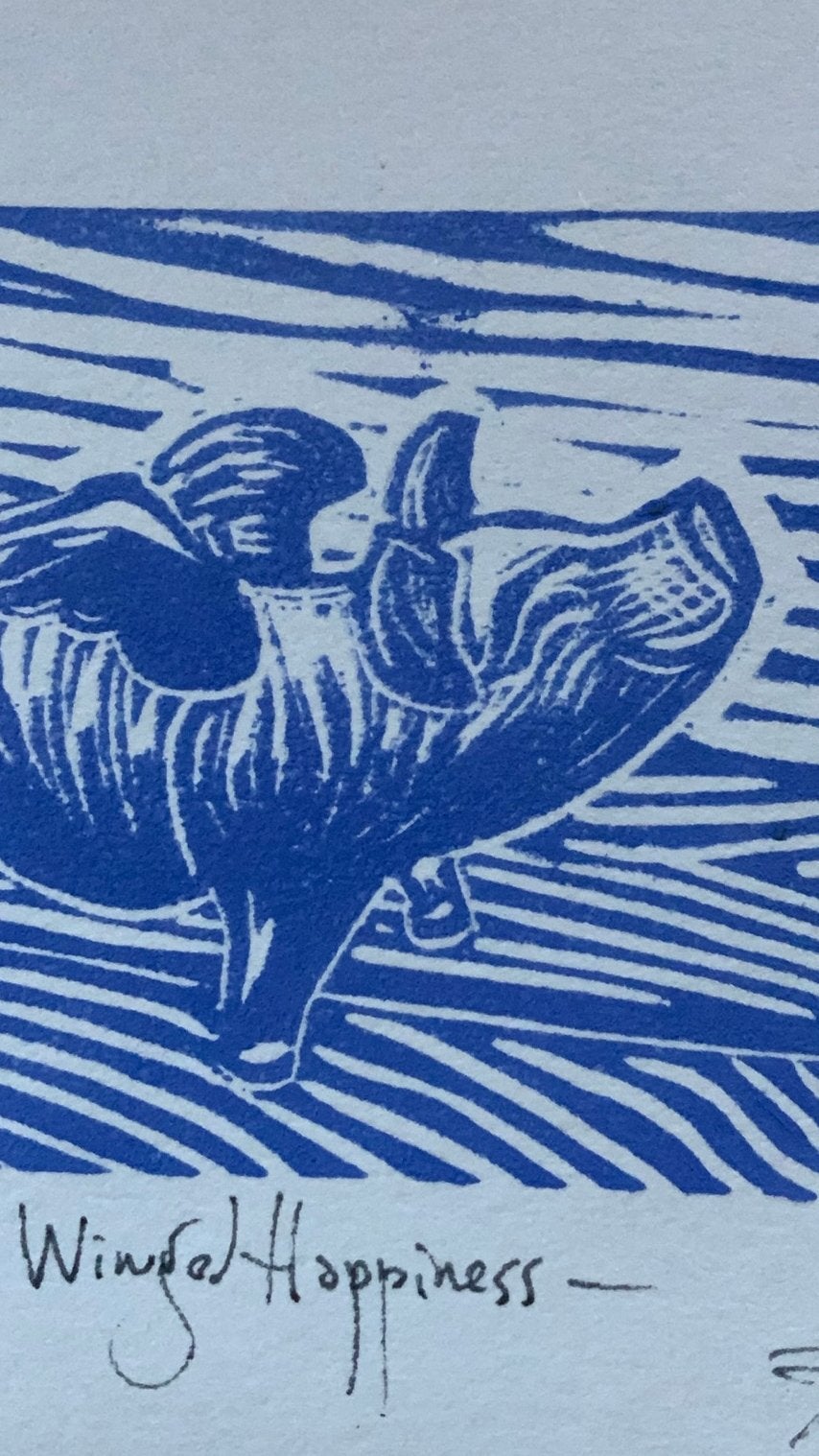 Winged Happiness - gevleugeld geluk - lino A5, Linosnede, Ophalen of Verzenden, Gelimiteerde oplage, Dieren en Natuur