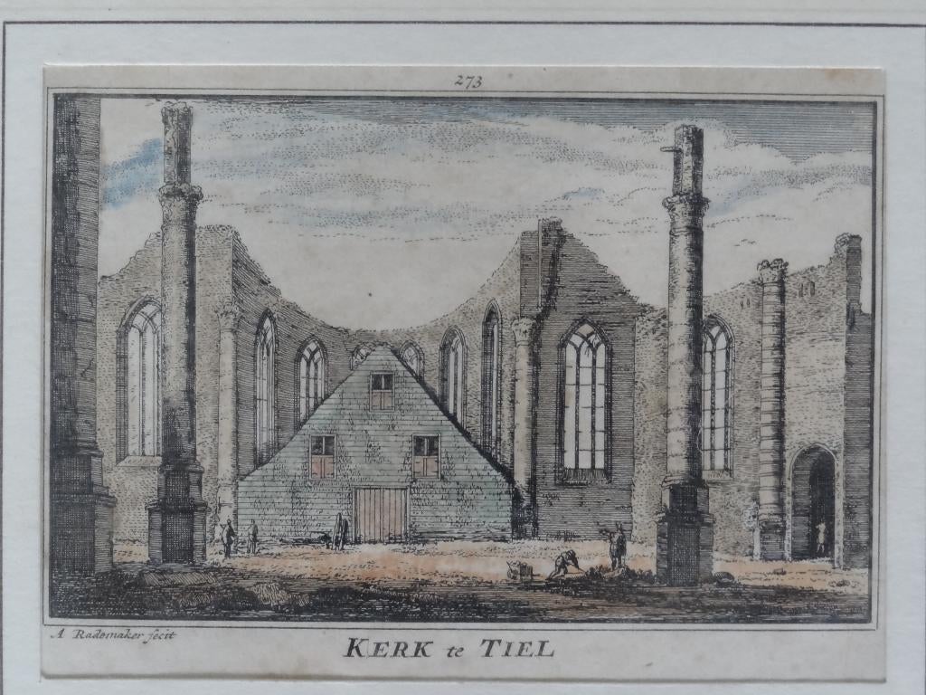 ets kleur kerk te Tiel ingekleurd, A. Rademaker, 18e eeuw, Antiek en Kunst, Kunst | Etsen en Gravures, Verzenden, Architectuur