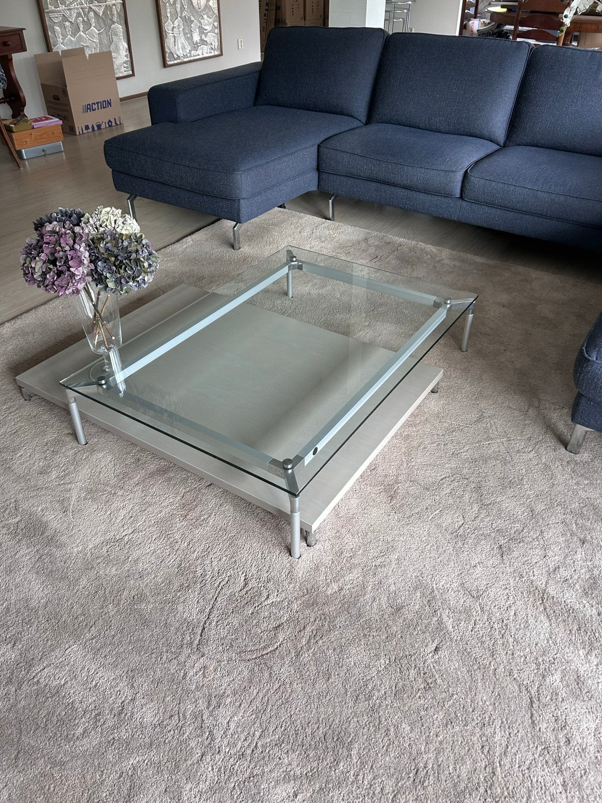 Design (Volare, by Wellis) salontafel 2-delig: glas en hout, Ophalen, Gebruikt, 100 tot 150 cm, 50 tot 100 cm