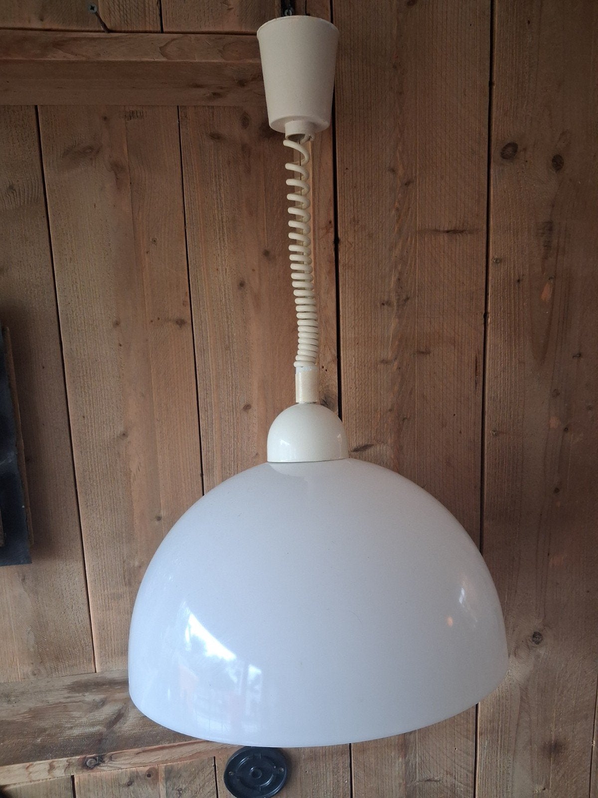 Vintage Herda Trekpendel Hanglamp – White Space Age (Jaren70, Gebruikt, Metaal, E27 (groot), Vintage, Retro