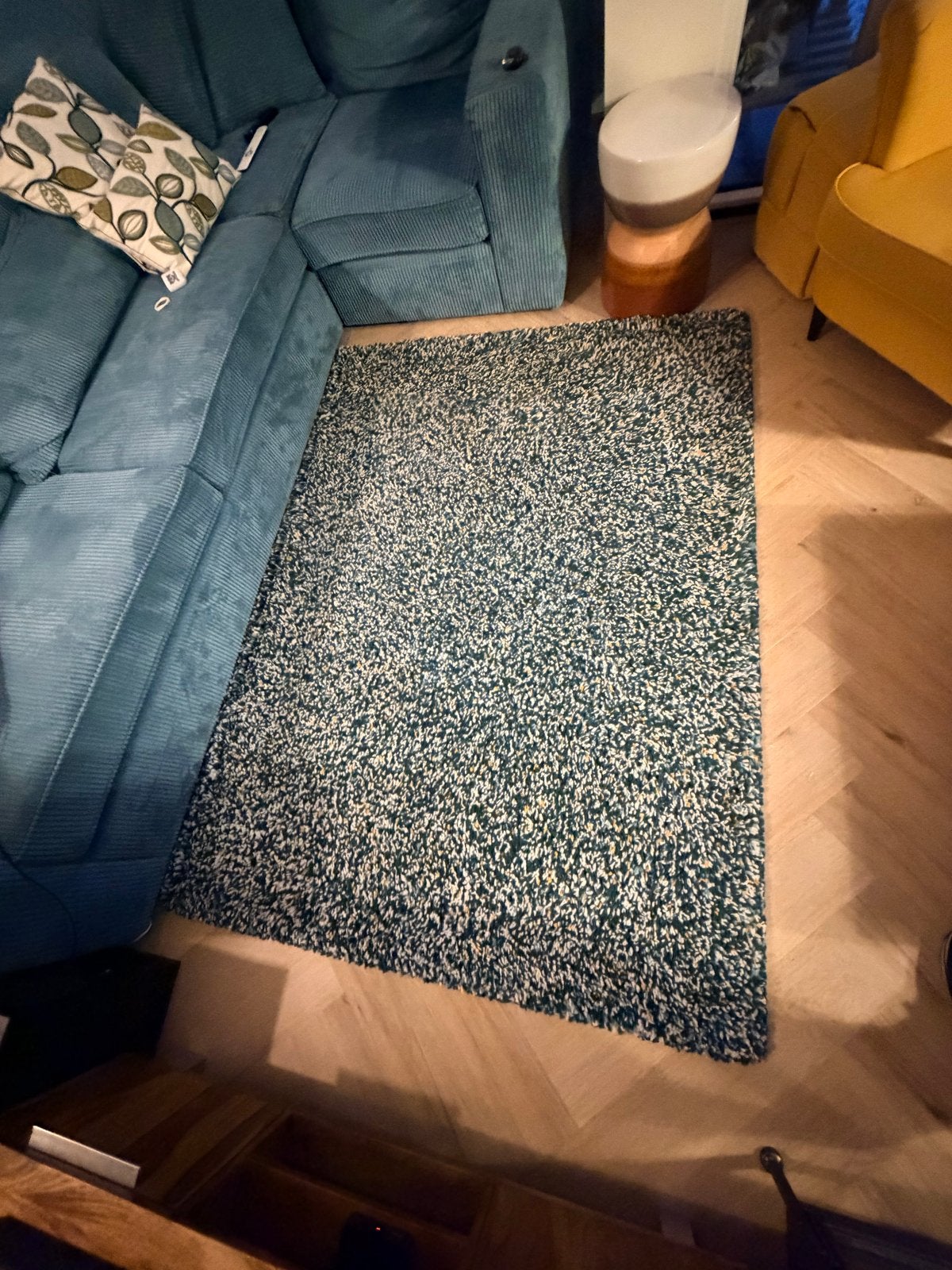 IKEA vloerkleed turquoise, okergeel, crème 133x200 cm, Ophalen, Gebruikt, 100 tot 150 cm, Blauw