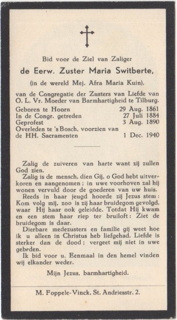 zr. Afra Maria Kuin 1861 Hoorn + 1940 Den Bosch, 79 jaar oud, Ophalen of Verzenden