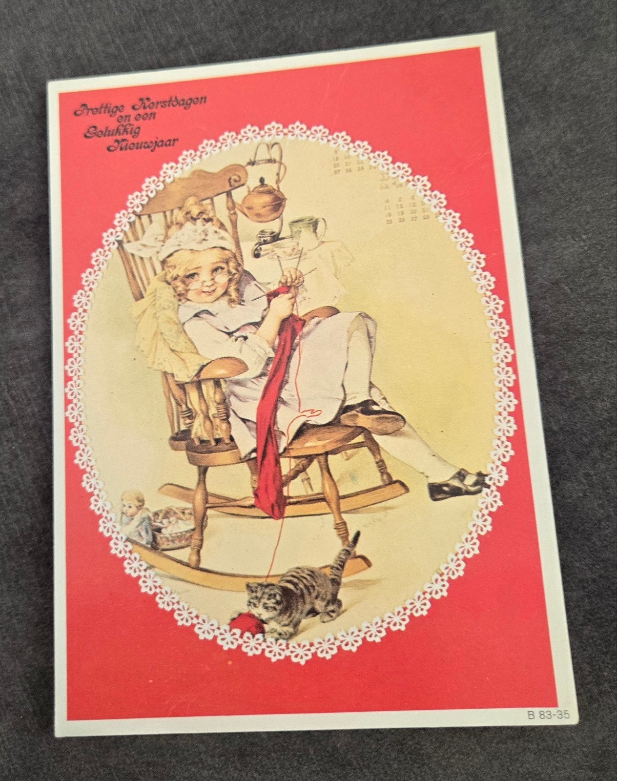Vintage Kerstkaart - Meisje met Kat en Breiwerk, Verzenden, 1960 tot 1980, Gelopen, Feest(dag)
