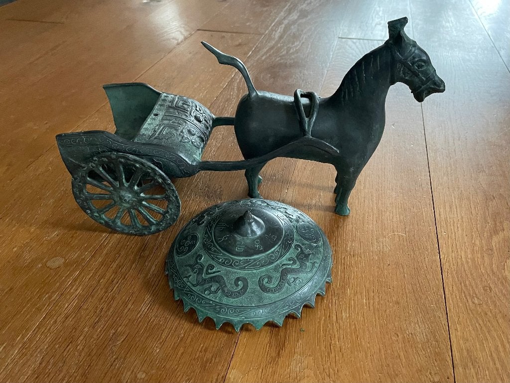 Bronzen Chinese paard en wagen, Ophalen of Verzenden