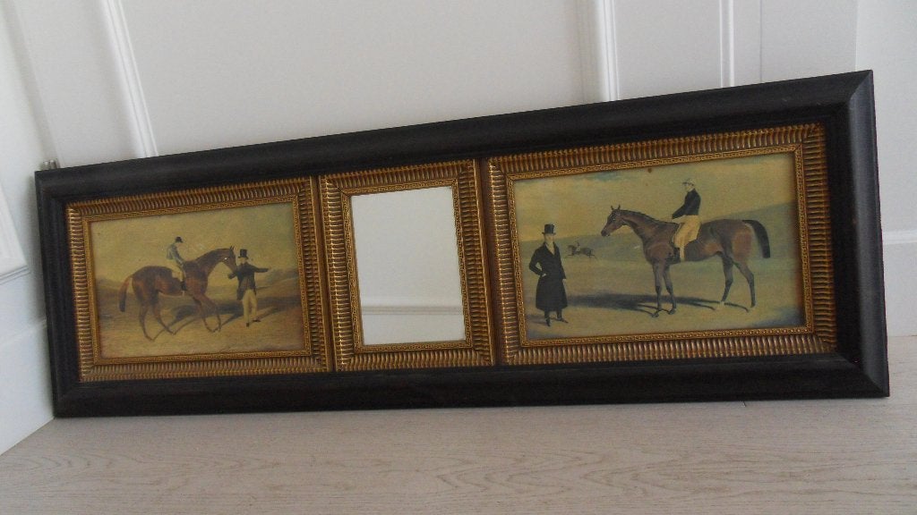 Vintage drieluik met 2 Engelse ruiter afbeelding en spiegel, Ophalen, Minder dan 50 cm, Gebruikt, Minder dan 100 cm