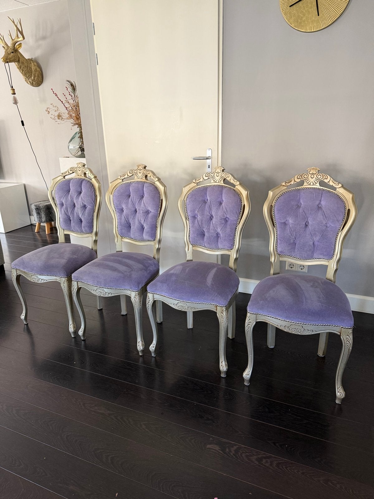 Set van 4 Barok Eetkamerstoelen - Paars Fluweel & Goud, Ophalen