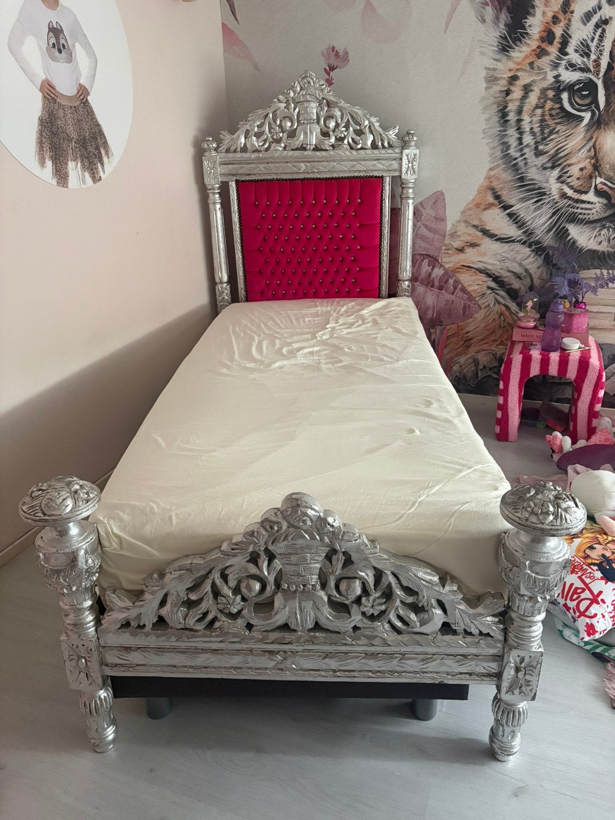 Barok bed 1 persoons en bureastoel fuchsia zilver, Huis en Inrichting, Slaapkamer | Bedden, Ophalen, Gebruikt, 90 cm, Eenpersoons