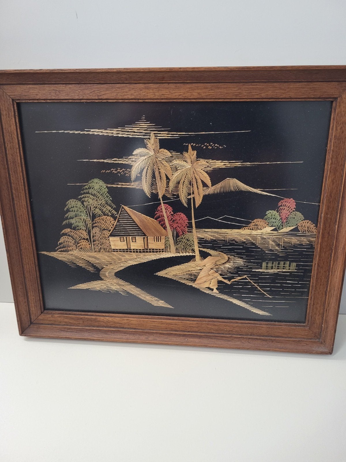 Vintage Aziatisch Rijststro Kunstwerk in Lijst, Minder dan 50 cm, Gebruikt, Overige typen, Ophalen of Verzenden