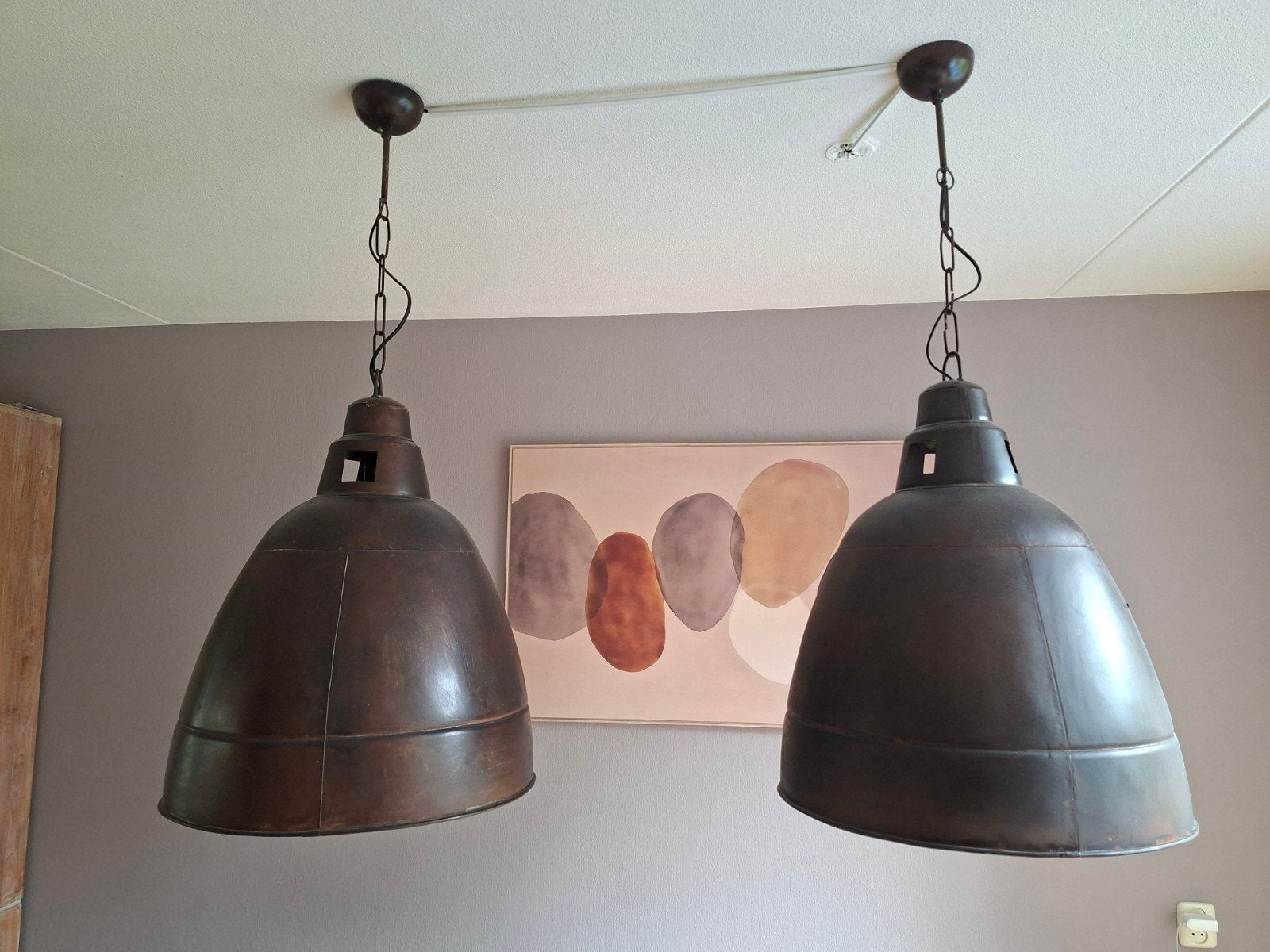 Set van 2 industriële hanglamp.Brons/ bruin kleurig., Gebruikt, E27 (groot), Ophalen of Verzenden, Industrieel, Vintage