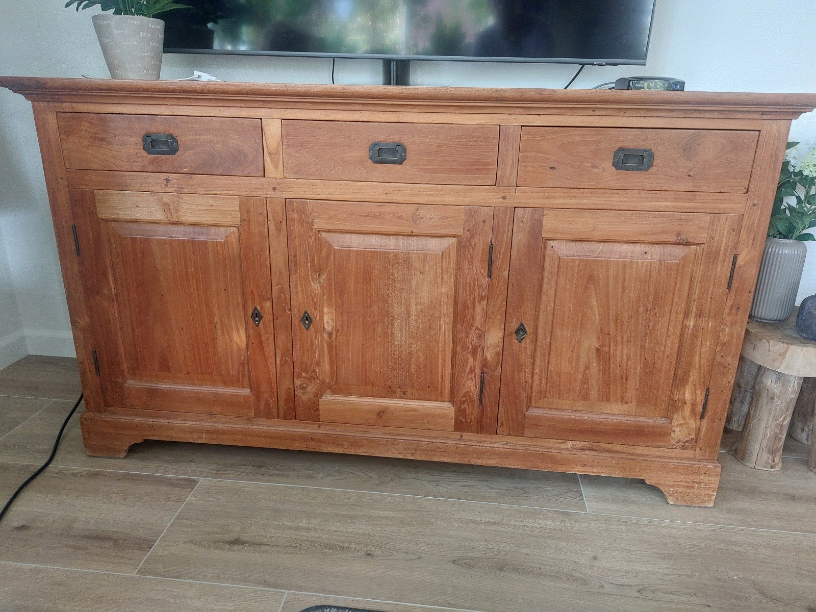 Massief teak  houten dressoir met lades en deuren, Huis en Inrichting, Kasten | Dressoirs, Ophalen, Gebruikt, Met deur(en), 150 tot 200 cm