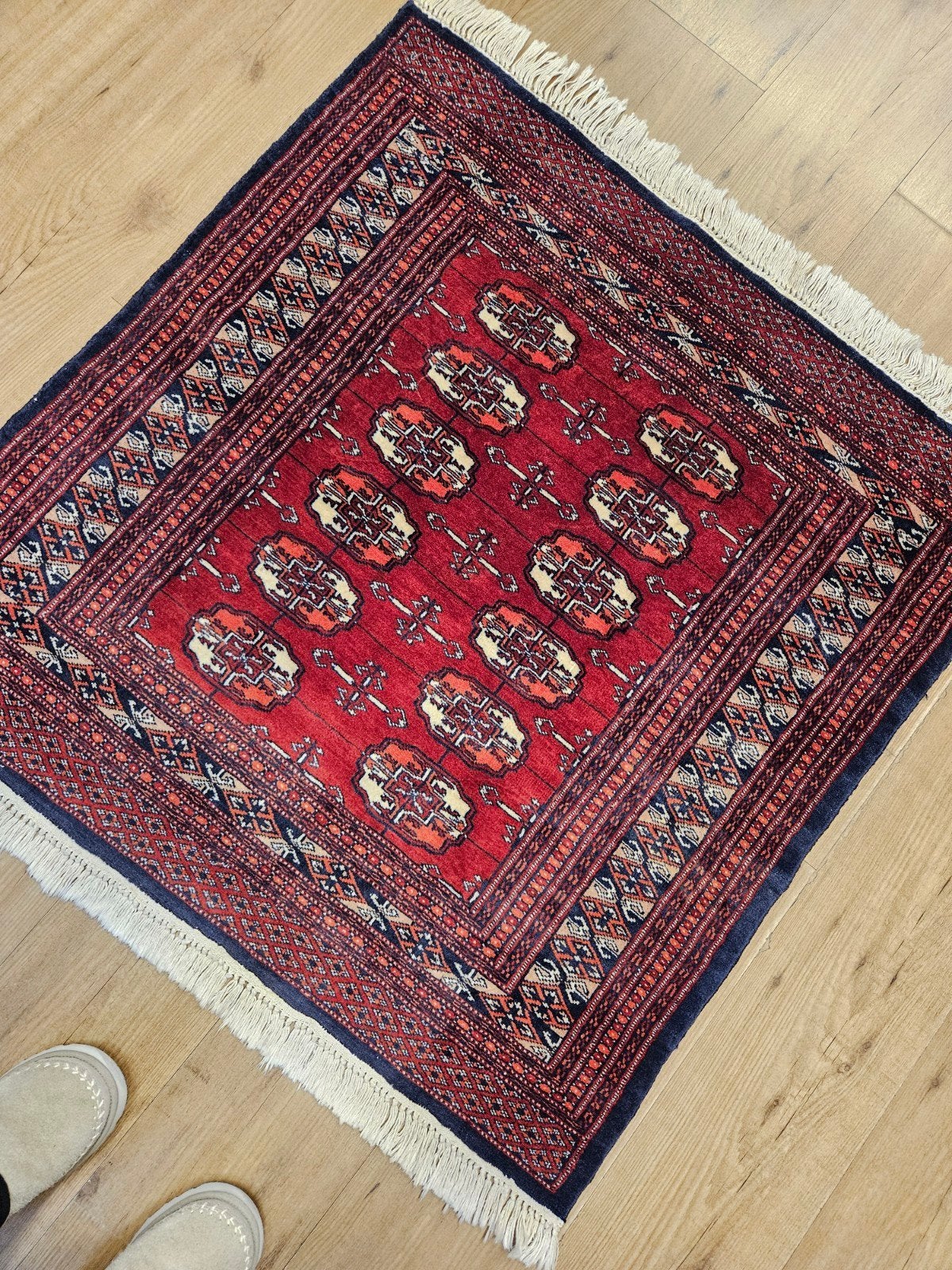 Vintage handgeknoopt oosters tapijt bochara 103x94, Info@SlatsAntiek.nl, Tweedehands, 50 tot 100 cm, Blauw