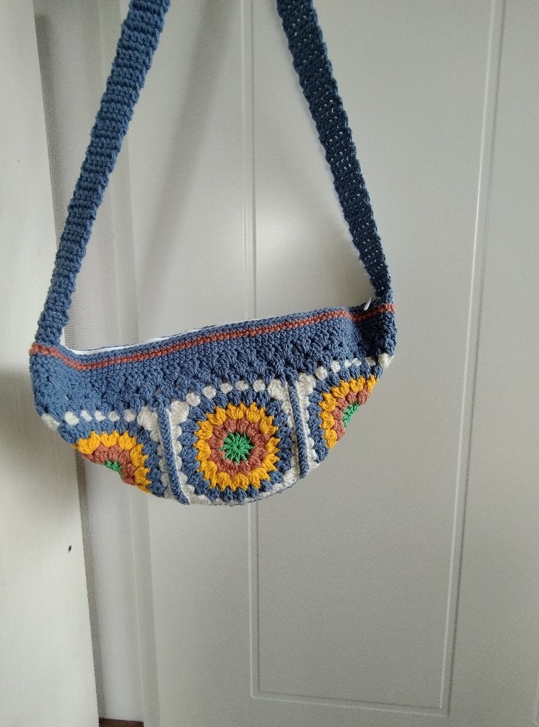 Handgemaakte schoudertas banaantas crossbody tas blauw geel, Ophalen of Verzenden, Nieuw, Blauw