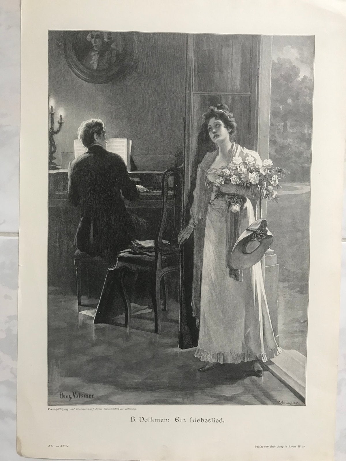 H. Volkmer: ein liebeslied, 1895, Gravure, 32x23cm., perfect, Origineel, Dagelijks leven, 1800 - 1899, 23 cm