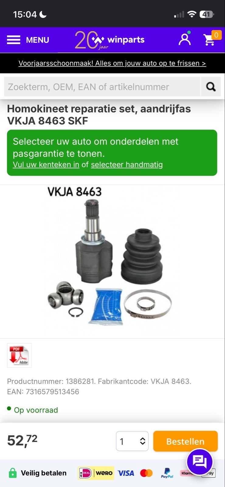 Homokineet set, aandrijfas VKJA 8463 SKF Toyota Starlet/Yari, Auto-onderdelen, Ophalen of Verzenden, Nieuw, Toyota