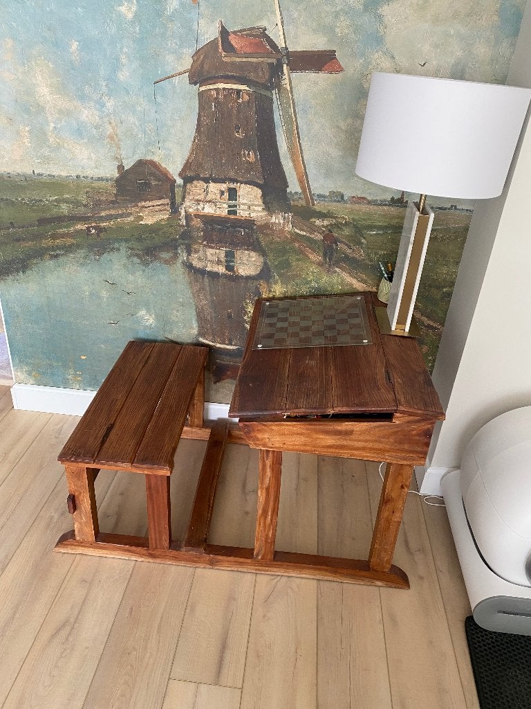 Bureau schoolbankje, Huis en Inrichting, Bureaus, Zo goed als nieuw, Overige typen, Antiek, Hout, Bruin, Opbergruimte, Ophalen