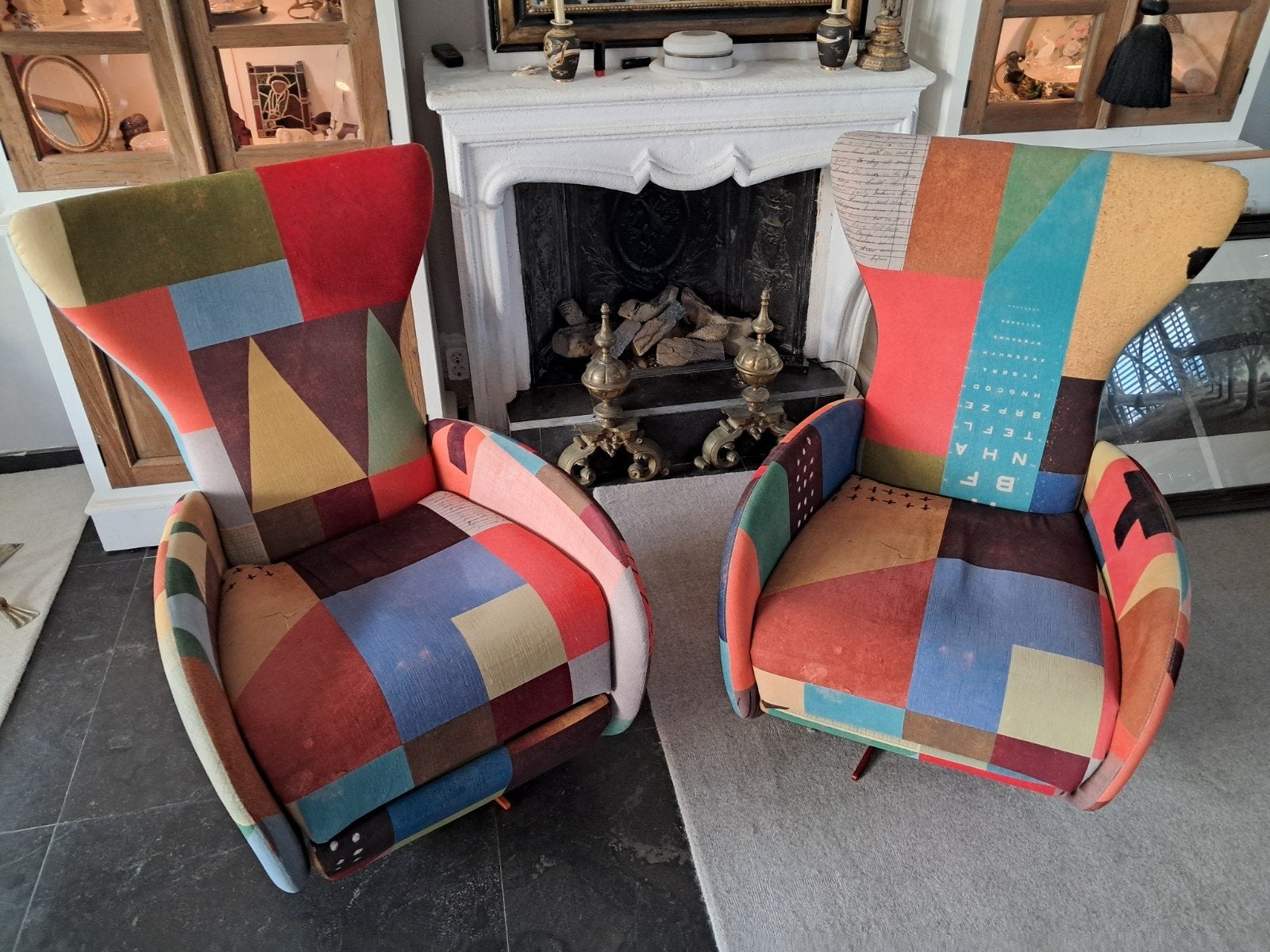 Set van 2 kleurrijke fauteuils - Patchwork design, Gebruikt, 75 tot 100 cm, Ophalen of Verzenden, 75 tot 100 cm