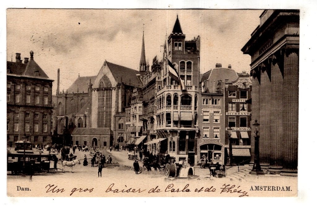 Amsterdam oude Beurs   Tram dam veel te zien, Ophalen of Verzenden, Voor 1920, Gelopen, Noord-Holland