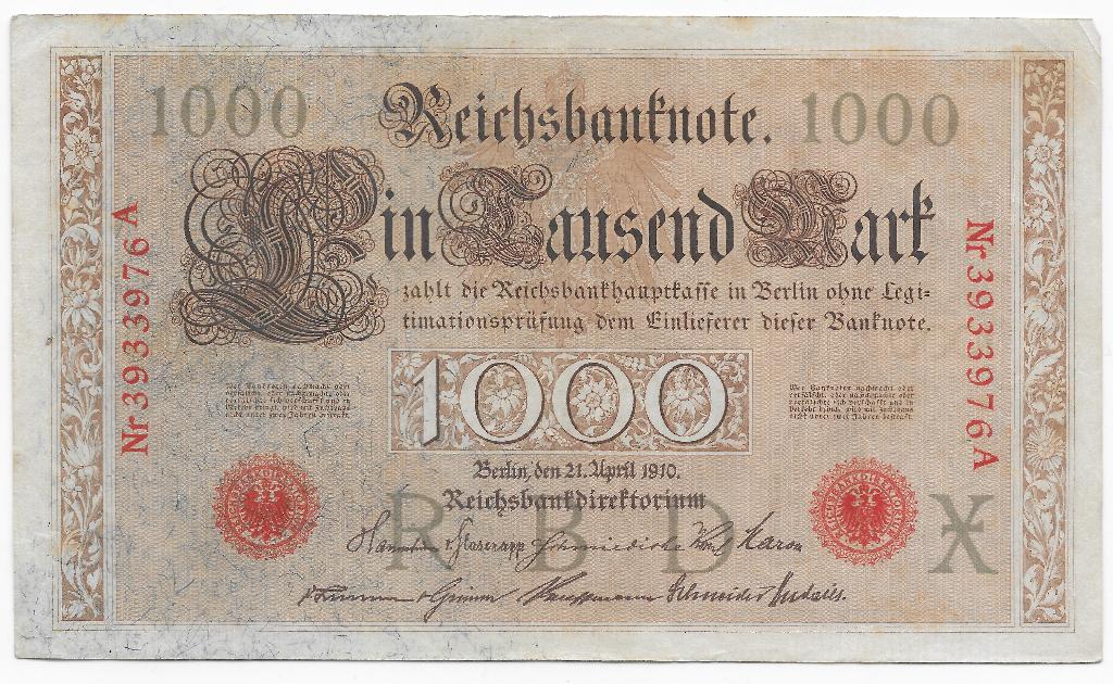 1000 Mark 1910 Reichsbanknote; two red seals 976A, Verzenden, Duitsland, Los biljet