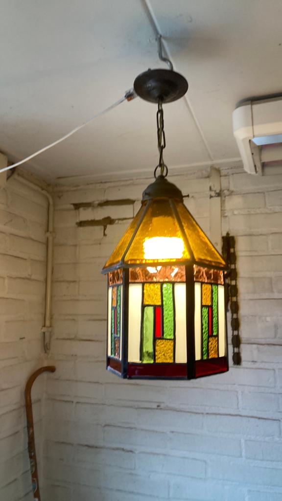 Fraai antiek glas in lood hanglamp, Antiek en Kunst, Antiek | Lampen, Ophalen of Verzenden