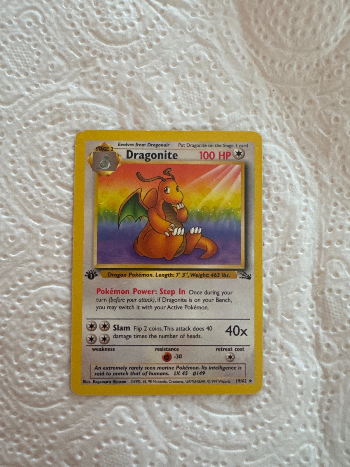 Dragonite 1st Edition 19/62 Non Holo Rare - Fossil Set, Hobby en Vrije tijd, Ophalen, Gebruikt, Losse kaart