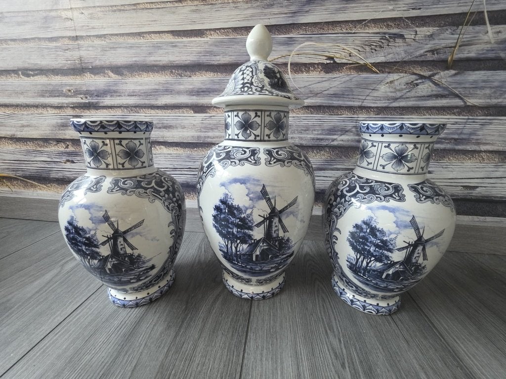 Delfts Blauw Vazen Set met Molen Decoratie, Ophalen