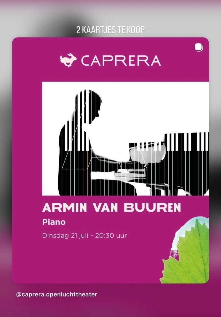 Caprera kaartjes Armin van Buuren, Tickets en Kaartjes, Concerten | Klassiek, Twee personen, Augustus, Instrumentaal