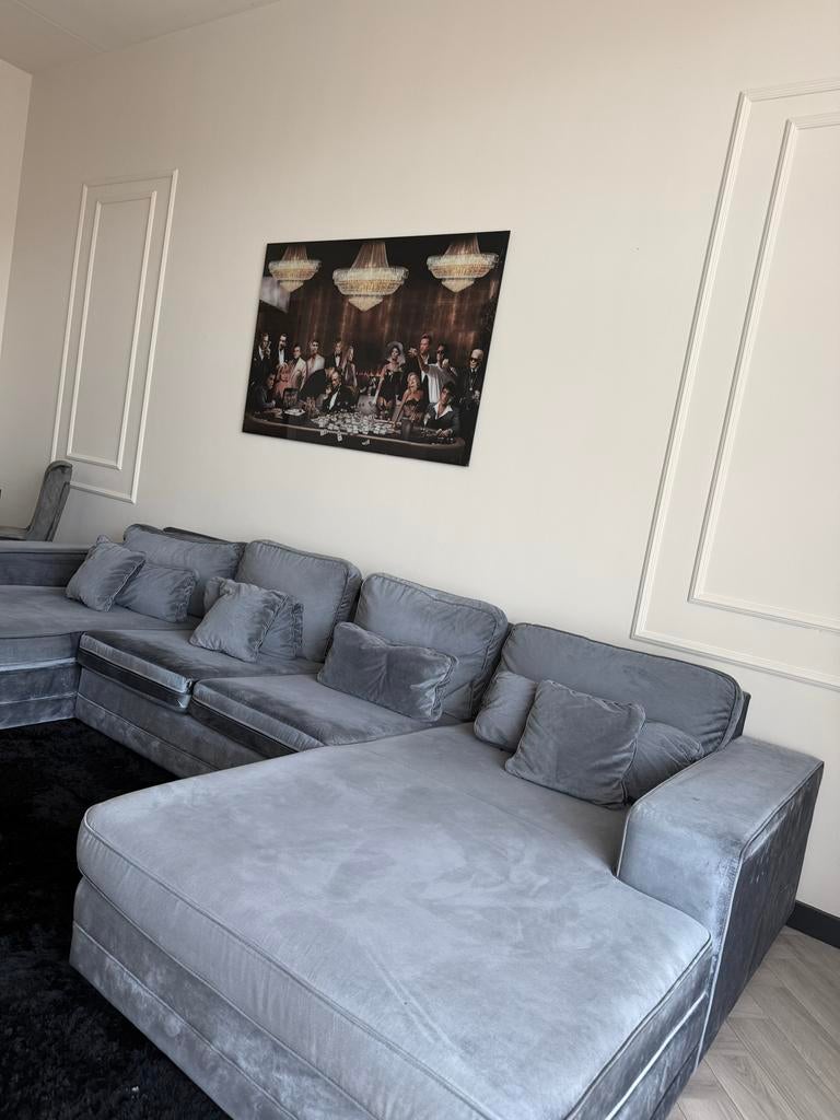 Grote antraciet velvet U-bank, Huis en Inrichting, Ophalen, Gebruikt, Hoekbank, 300 cm of meer
