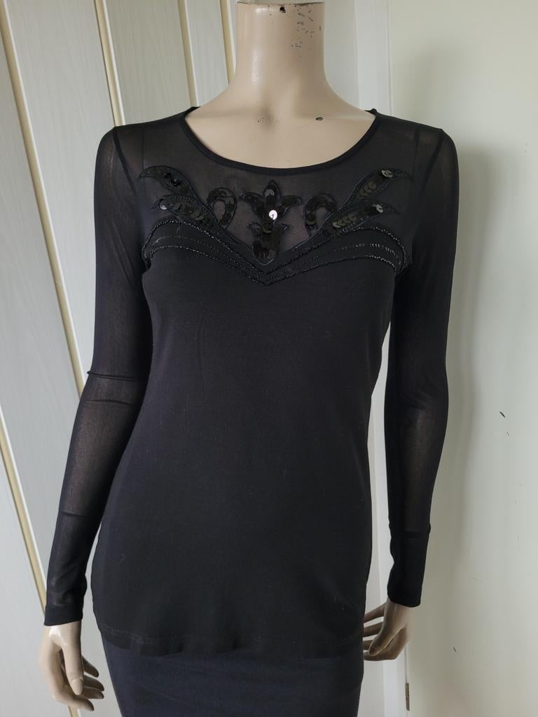Juffrouw Jansen top zwart glitter mesh mouwen maat S/M 36/38, Maat 38/40 (M), Zwart, Ophalen of Verzenden, Zo goed als nieuw