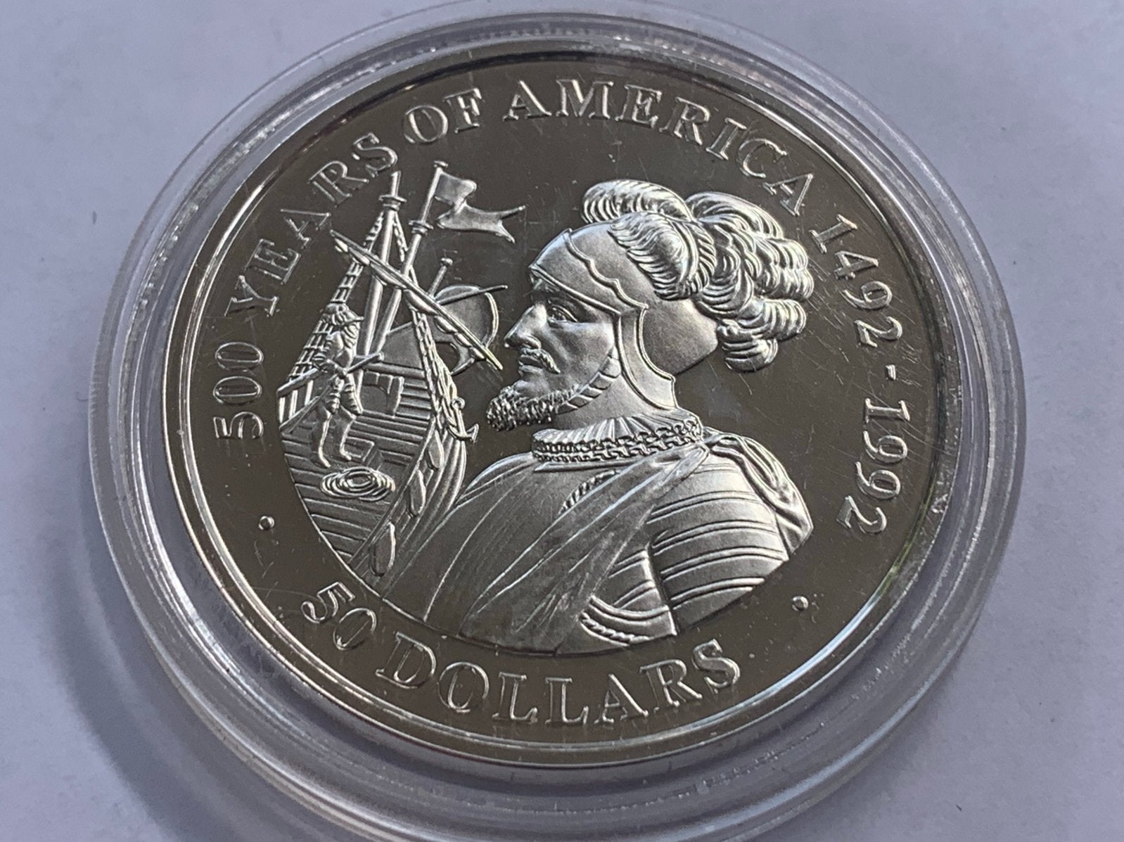 Cook island zilveren 1990 munt elisabeth 2  1492-1992, Postzegels en Munten, Edelmetalen en Baren, Ophalen of Verzenden, Zilver