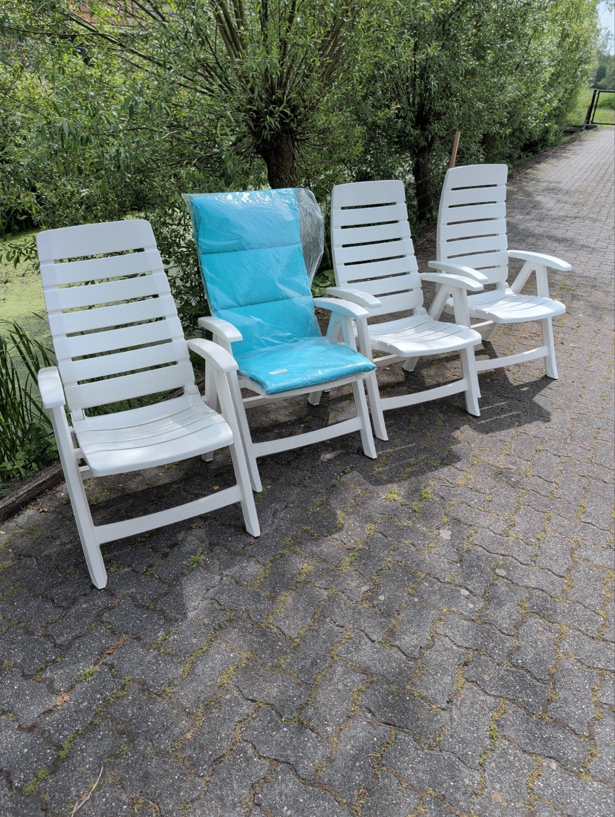 4 Hartman tuinstoelen met 4 nieuwe Hartman kussens, Tuin en Terras, Ophalen, Zo goed als nieuw, Kunststof, Verstelbaar