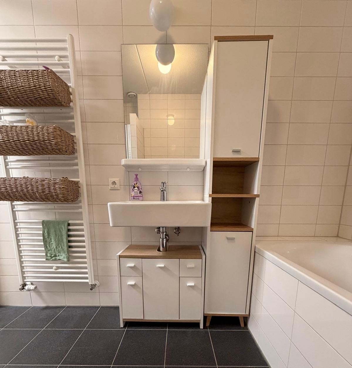Badkamermeubelset wit/eiken met kolomkast, Ophalen, Gebruikt, Overige typen, 50 tot 100 cm