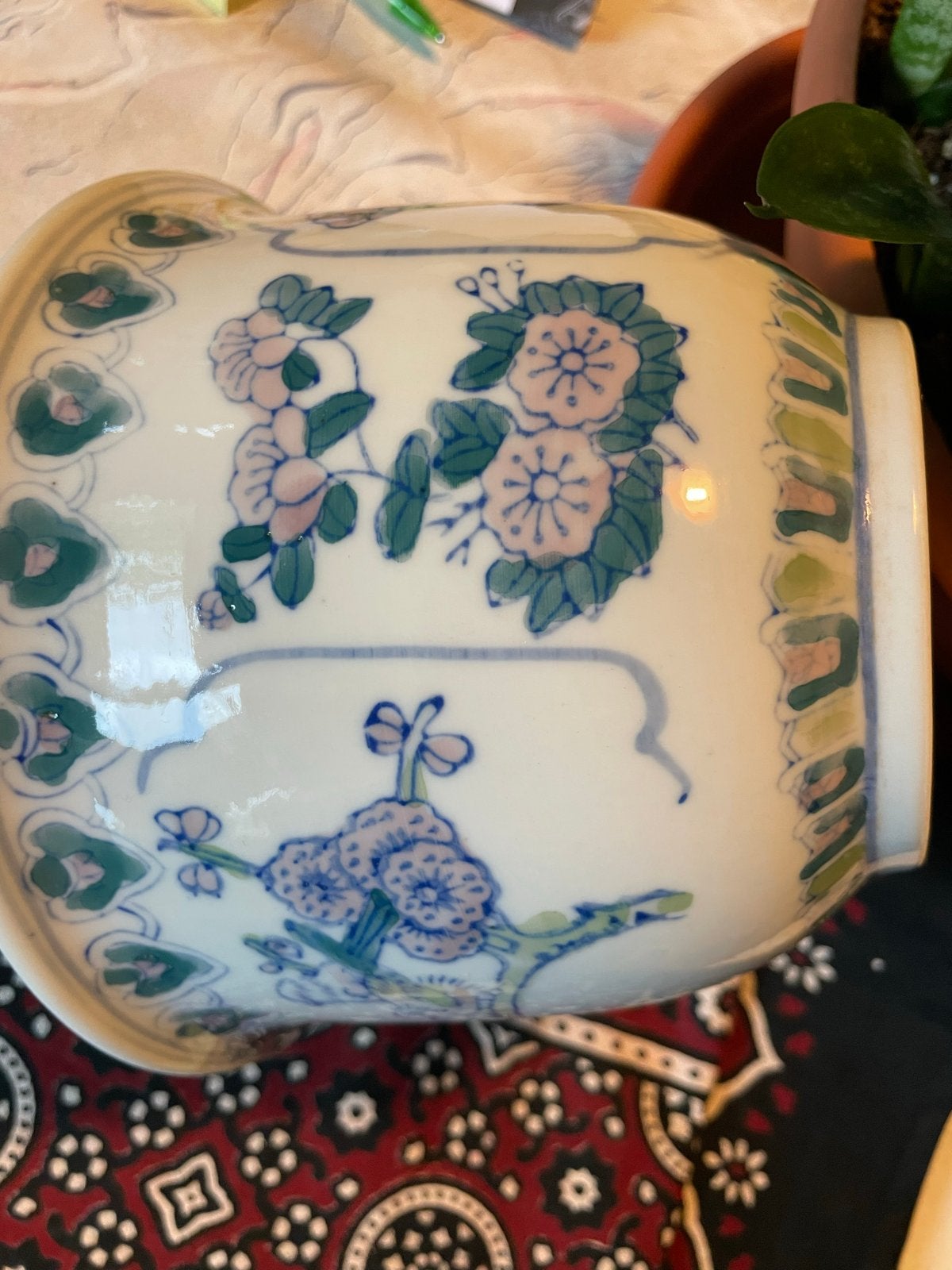 Mooie antiek? Chinese bloempot met blauw-groen bloemmotief, 25 tot 40 cm, Gebruikt, Rond, Binnen