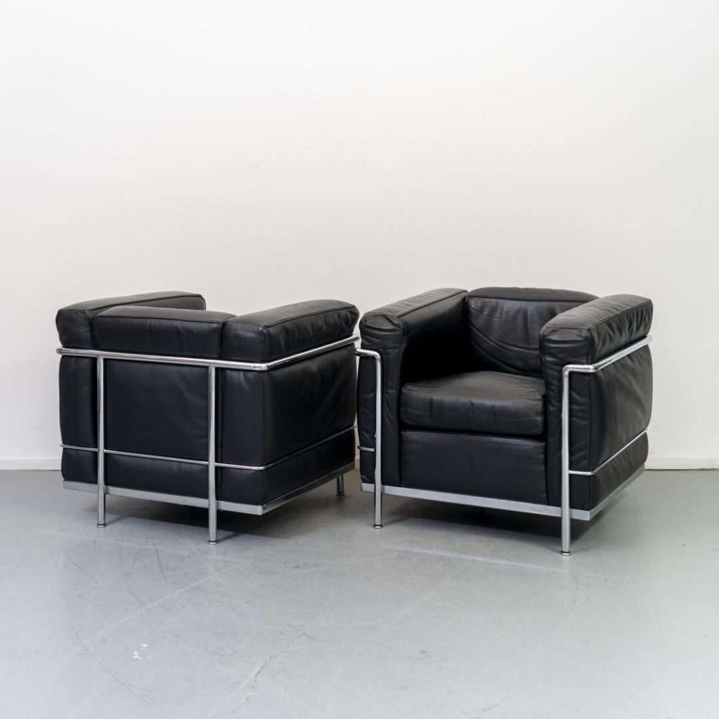 6x ACTIE!! Cassina LC2 Le Corbusier fauteuil Zwart Leer, Niet ingevuld, Gebruikt, Minder dan 75 cm, Niet ingevuld