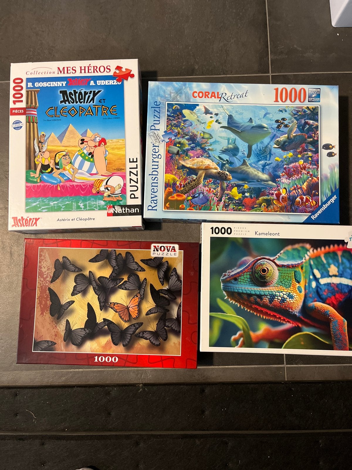 4 Legpuzzels van 1000 stukjes: Asterix, Dolfijnen, Kameleont, Ophalen of Verzenden, 500 t/m 1500 stukjes, Gebruikt, Legpuzzel