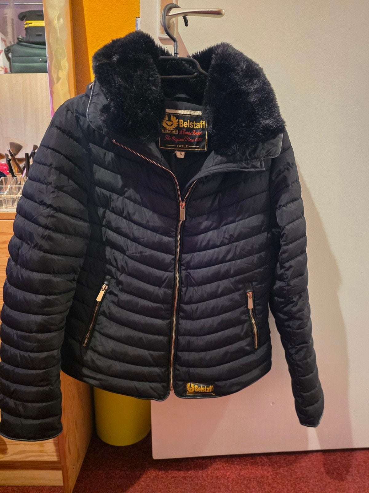 Belstaff Gold Label dames Jas met Bontkraag Maat S, Ophalen, Zwart, Zo goed als nieuw, Maat 36 (S)