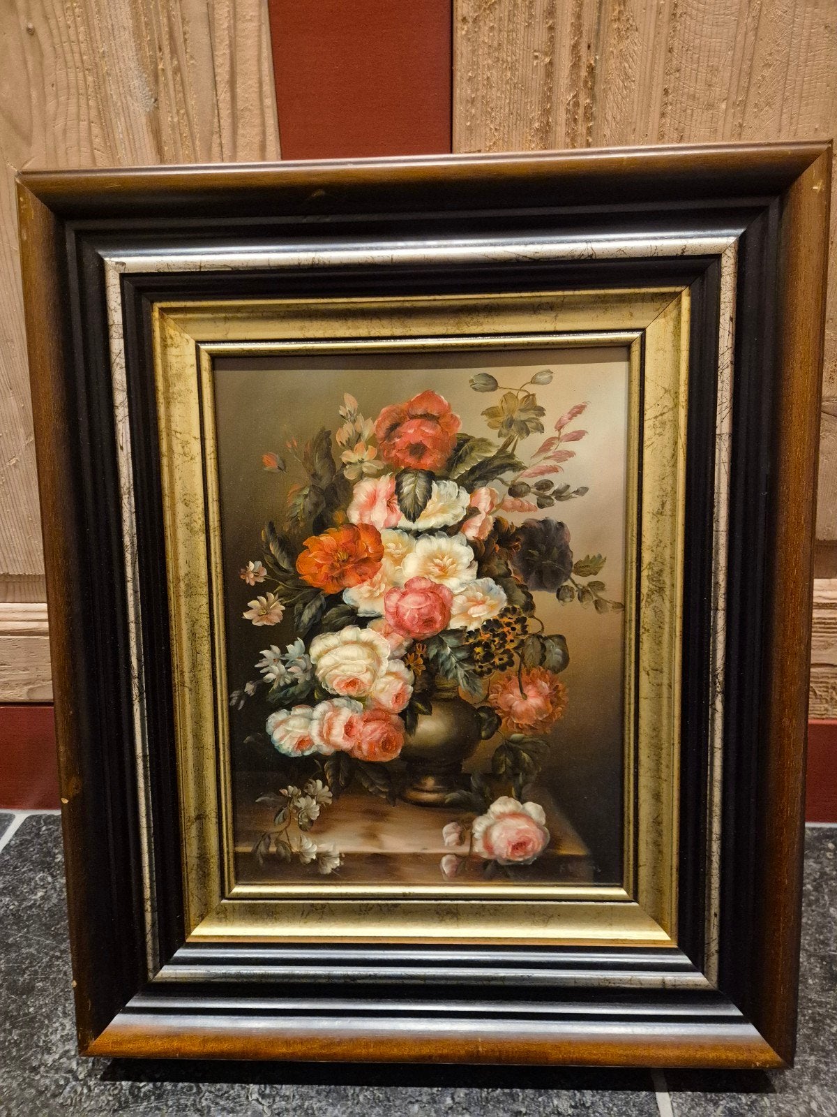 vintage antiek schilderij gesigneerd olieverf, Bloemen, Paneel, Ophalen of Verzenden, Bijzondere lijst