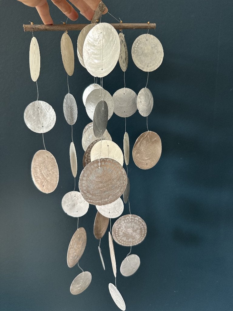 Schelp windchime/windgong, zilverkleur, handbeschilderd hart, Ophalen, Zilver, Natuurlijk materiaal, Boho