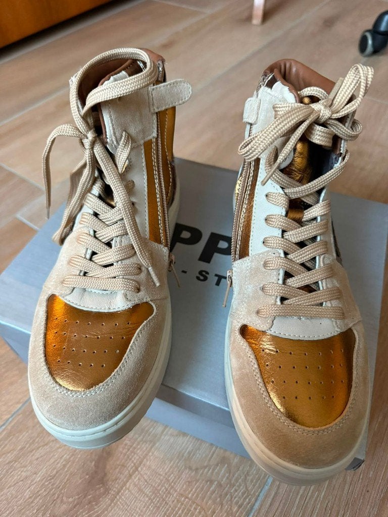 JOPPER Goudbruin/Taupe-Combi gliinsterende Sneakers Maat 39, Overige kleuren, Jopper, Nieuw, Ophalen of Verzenden