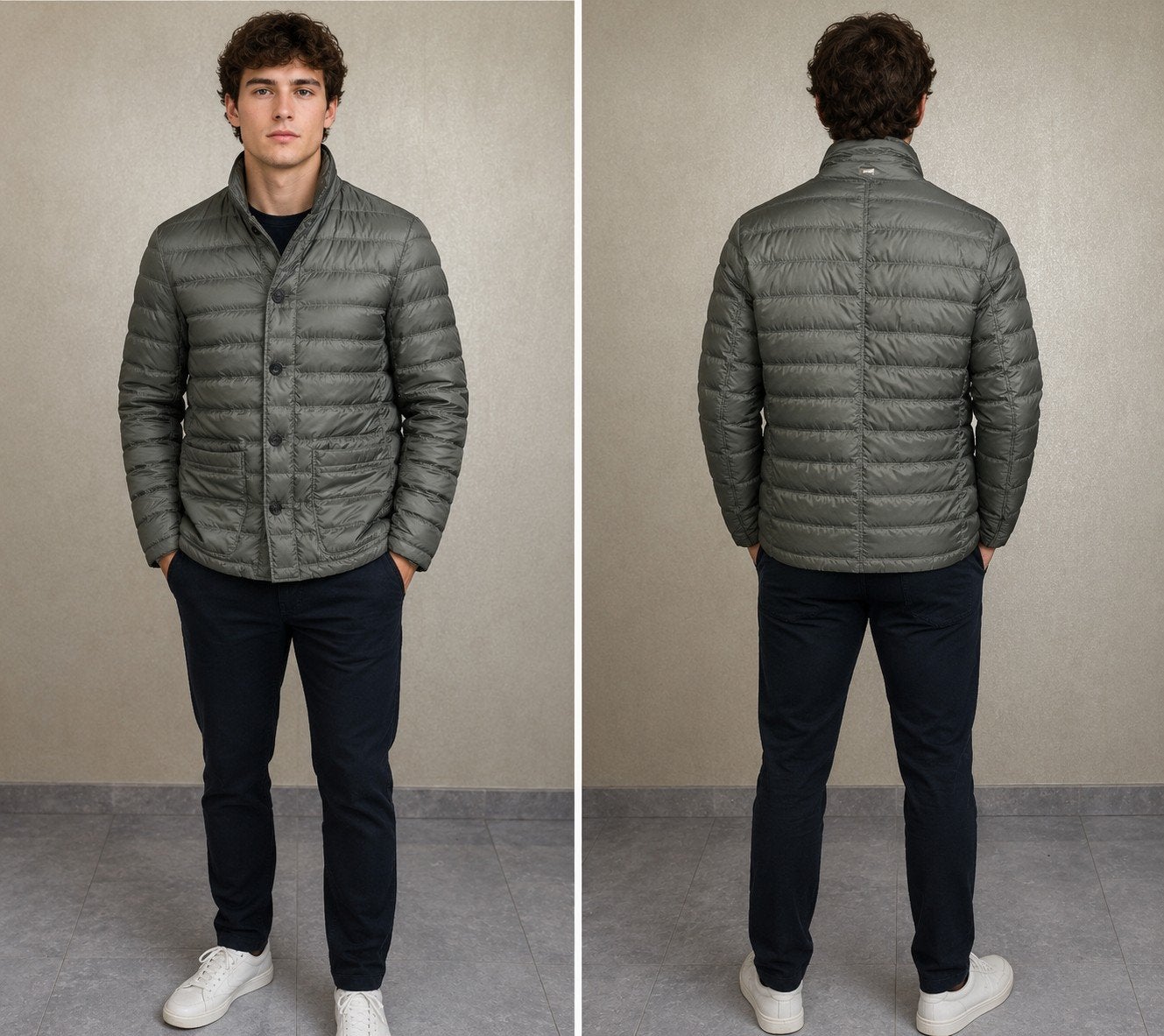 Herno tussenjas maat 46 taupegijs polyamide/ ganzendons, Verzenden, Gedragen, Herno